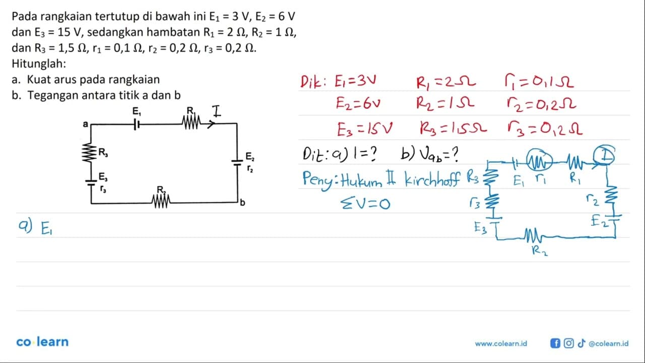 Pada rangkaian tertutup di bawah ini E1 = 3 V, E2 = 6 V dan