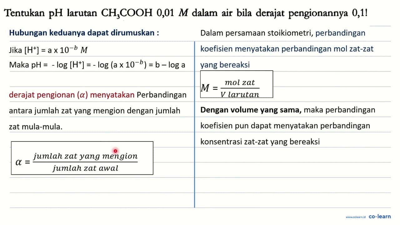 Tentukan pH larutan CH3COOH 0,01 M dalam air bila derajat