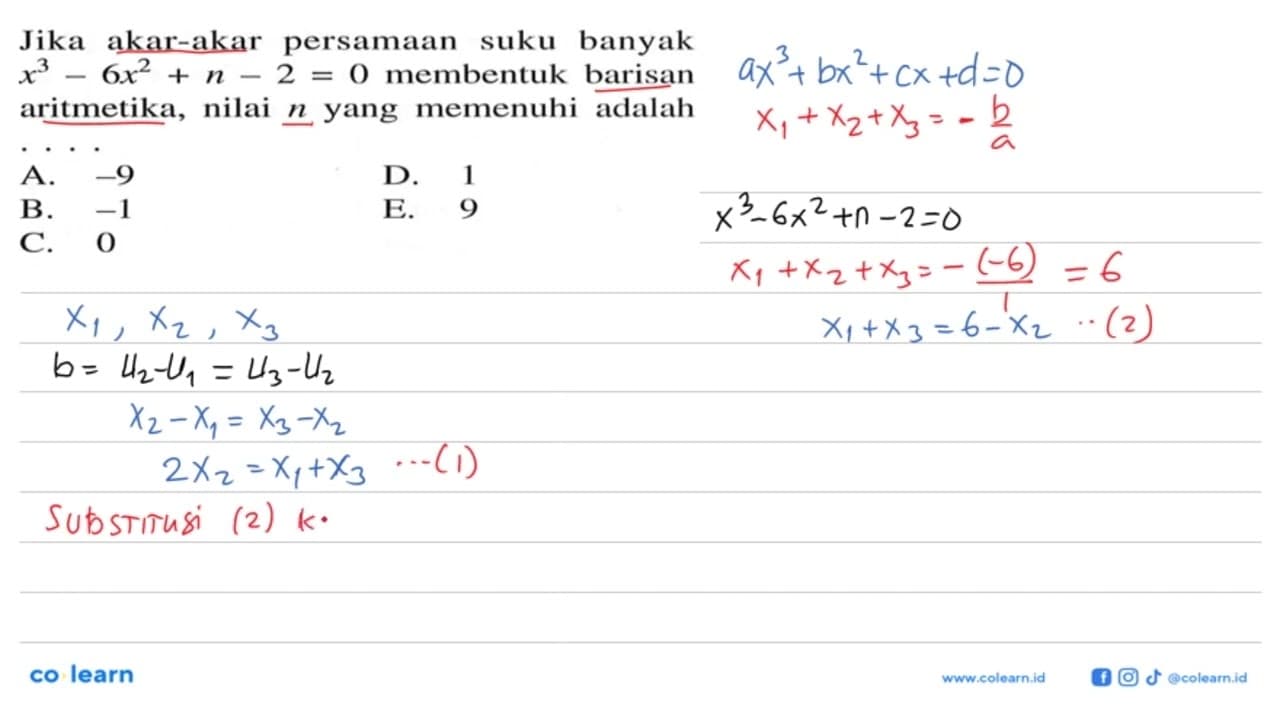 Jika akar-akar persamaan suku banyak x^3-6x^2+n-2=0