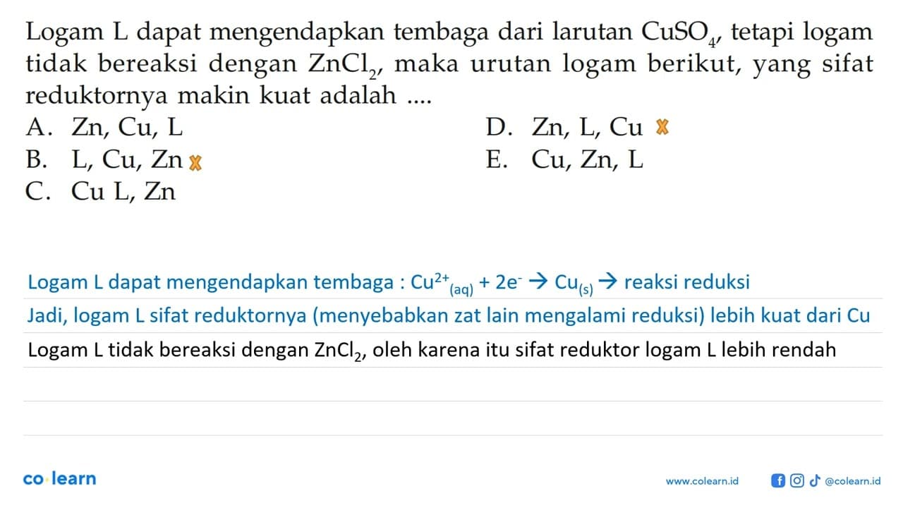 Logam L dapat mengendapkan tembaga dari larutan CuSO4