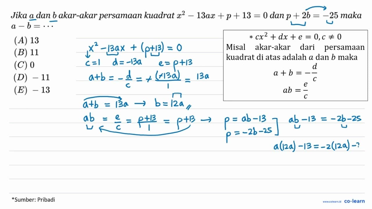 Jika a dan b akar-akar persamaan kuadrat x^2 - 13ax + p +