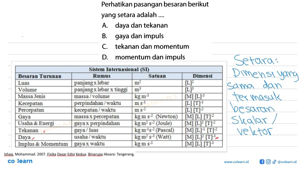 Perhatikan pasangan besaran berikut yang setara adalah ....