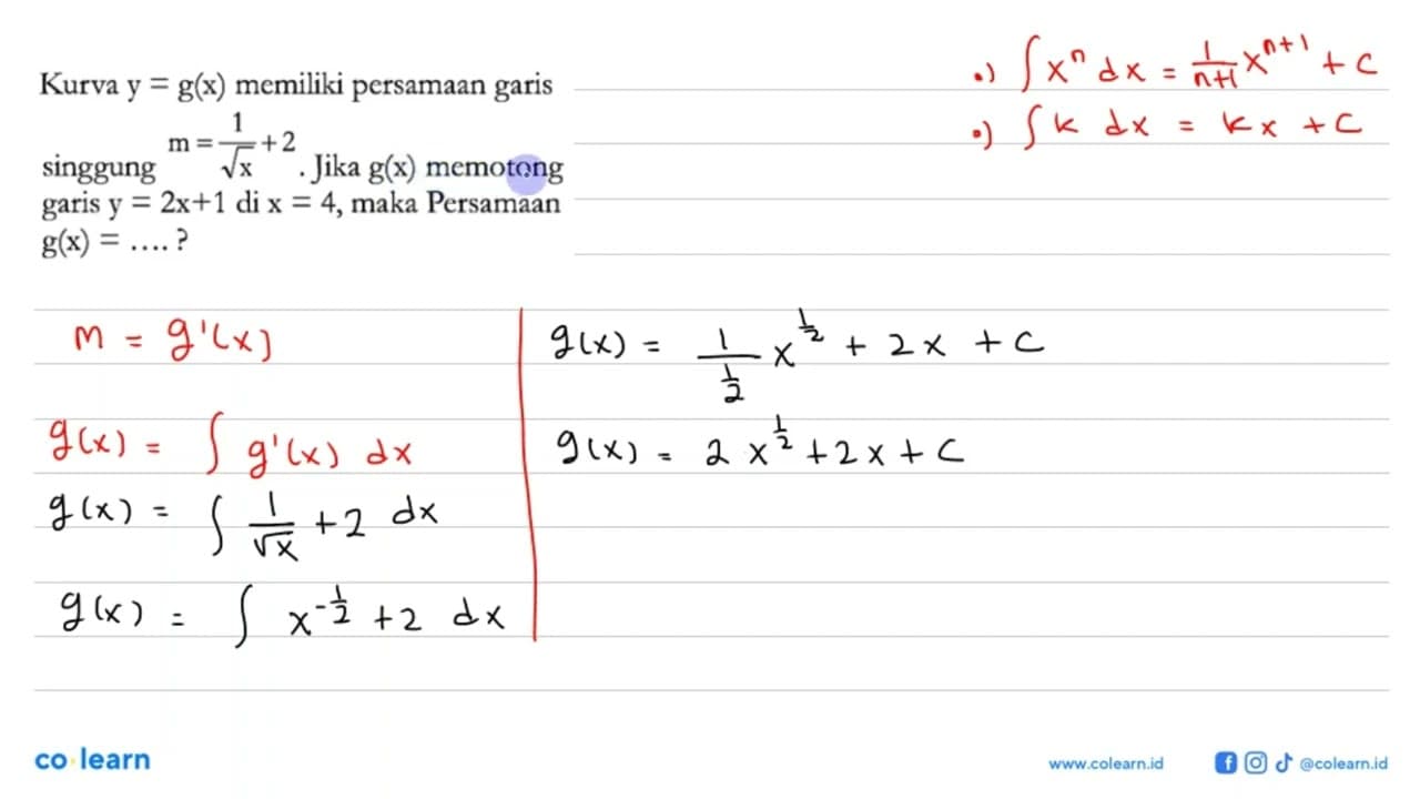 Kurva y=g(x) memiliki persamaan garis singgung m=1/akar(x)