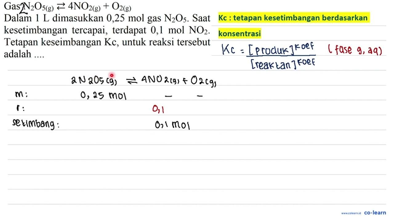 Gas N2O5 (g) <=> 4 NO2 (g) + O2 (g) Dalam 1 L dimasukkan