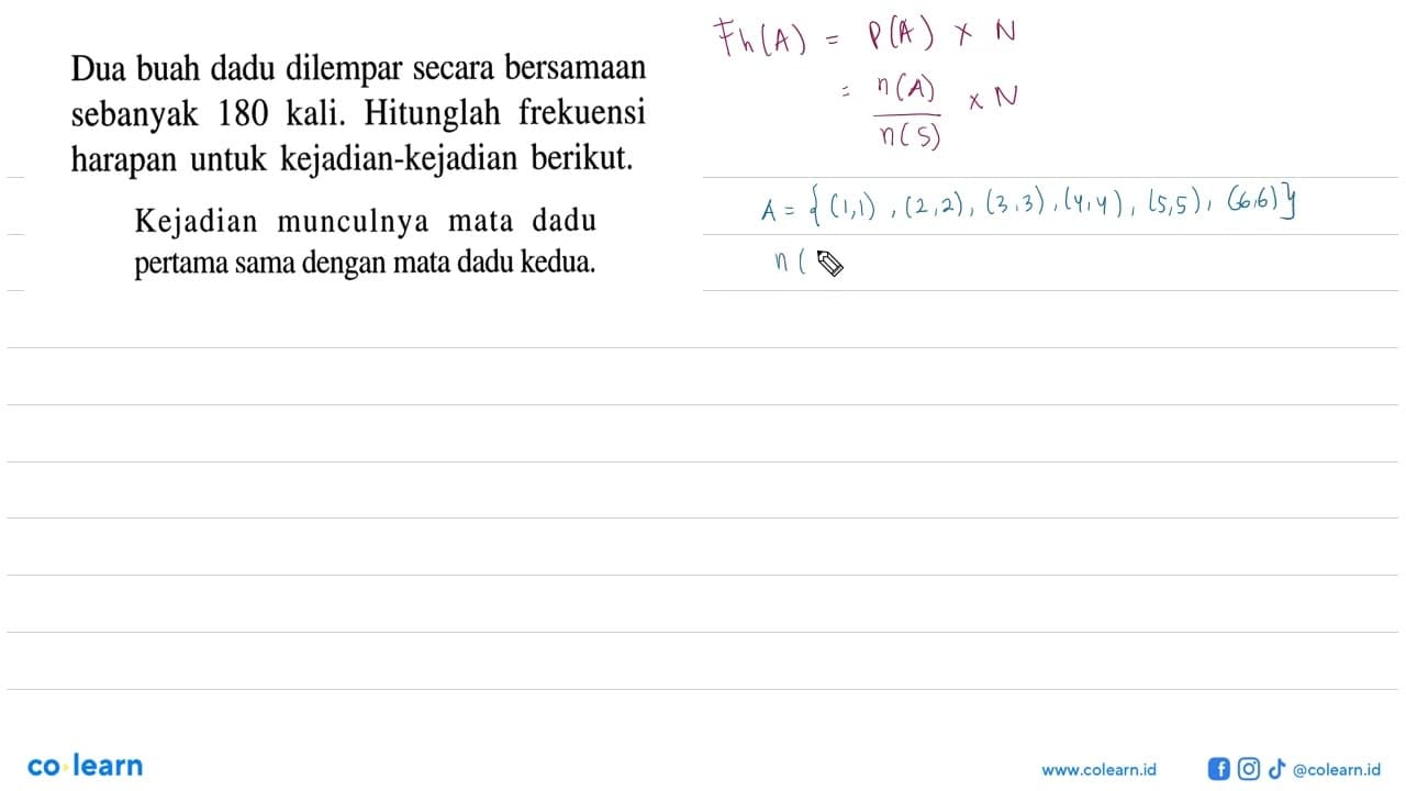 Dua buah dadu dilempar secara bersamaan sebanyak 180 kali.