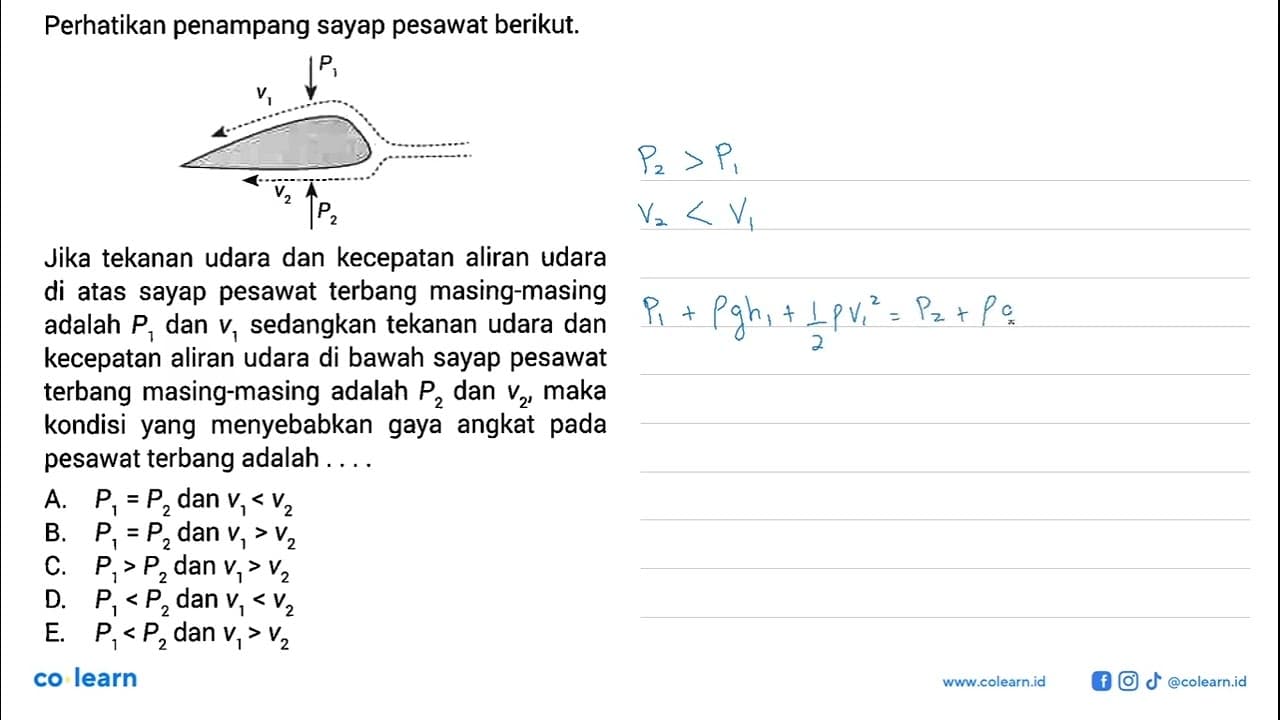 Perhatikan penampang sayap pesawat berikut. v1 P1 v2 P2