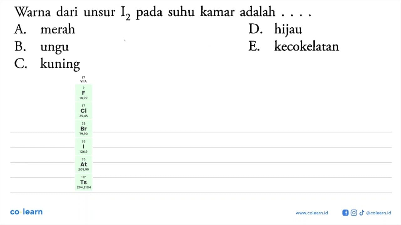 Warna dari unsur I2 pada suhu kamar adalah ....