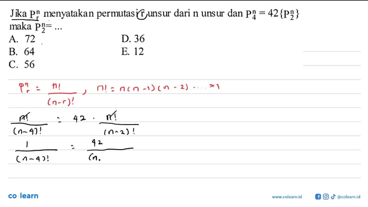 Jika n P r menyatakan permutasi r unsur dari n unsur dan n