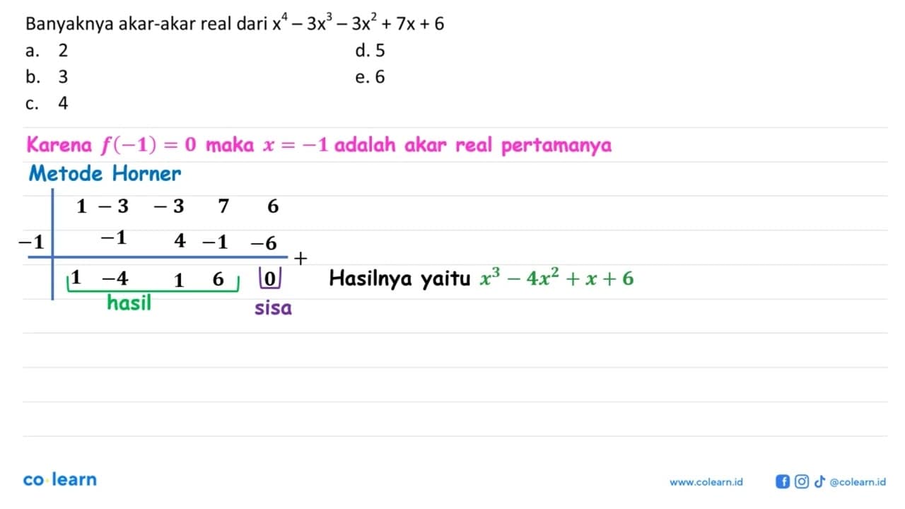 Banyaknya akar-akar real dari x^4 - 3x^3 - 3x^2 + 7x+ 6