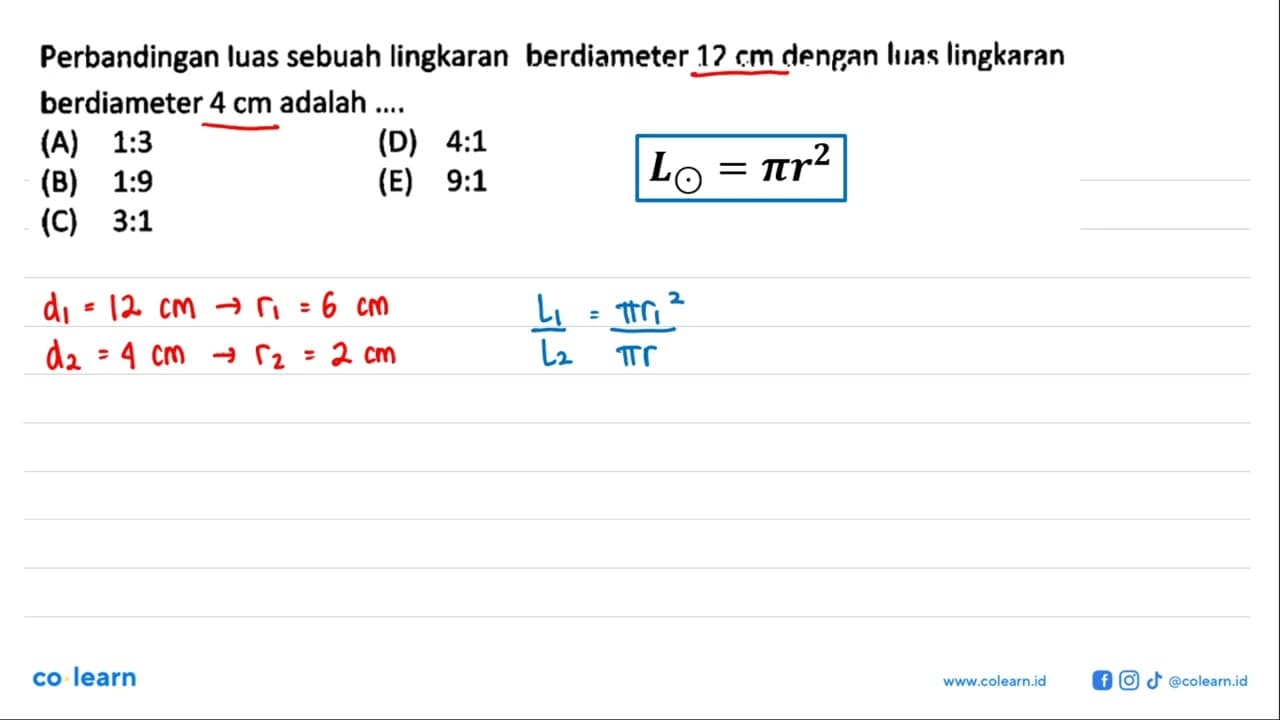 Perbandingan luas sebuah lingkaran berdiameter 12 rm dengan