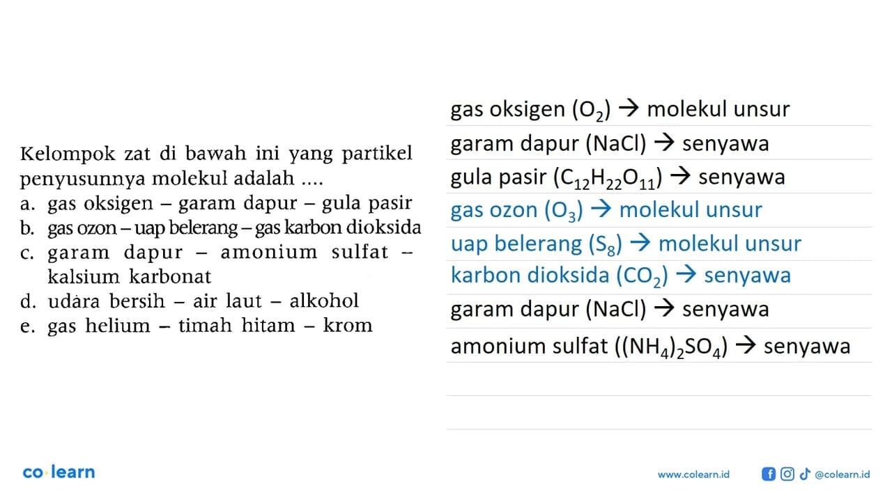 Kelompok zat di bawah ini yang partikel penyusunnya molekul