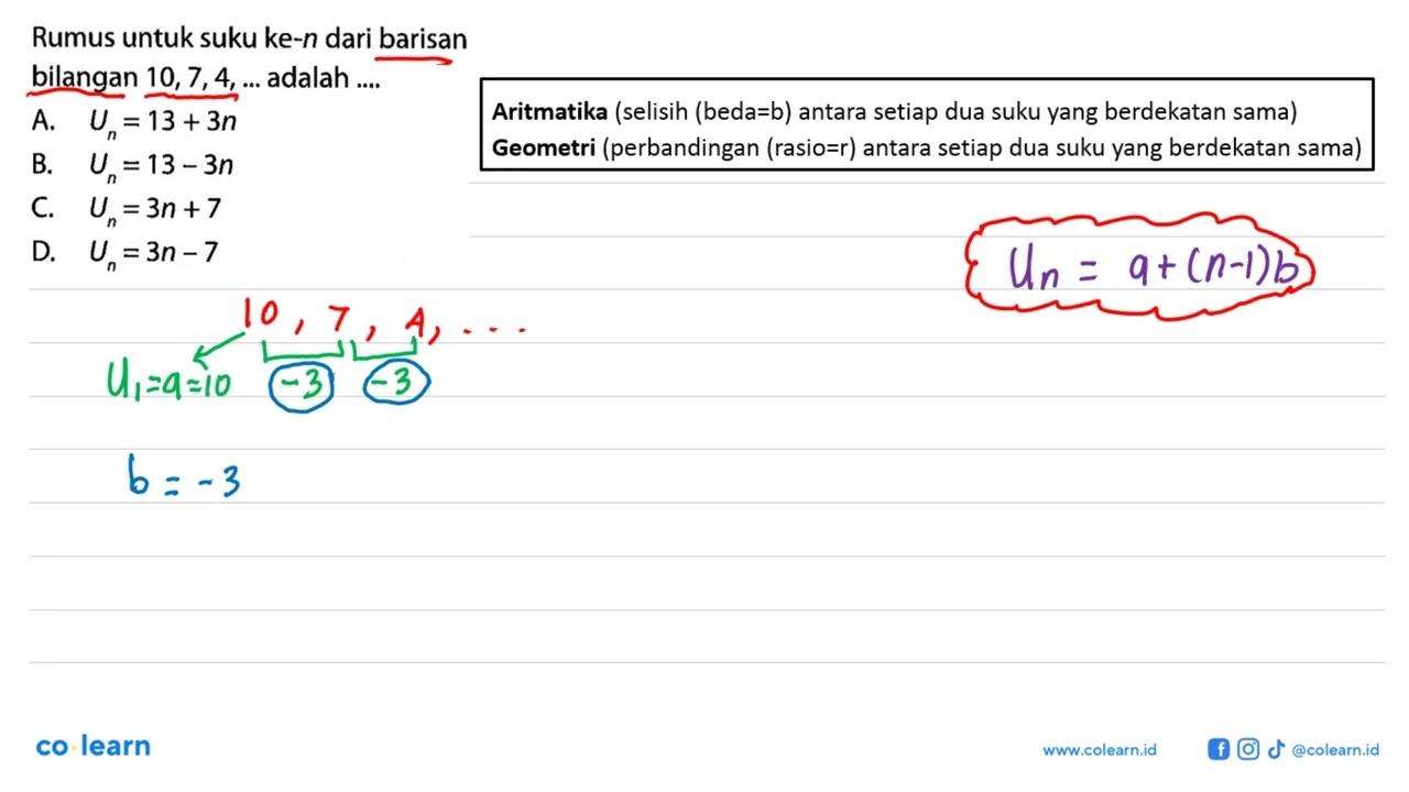 Rumus untuk suku ke-n dari barisan bilangan 10,7,4, ...