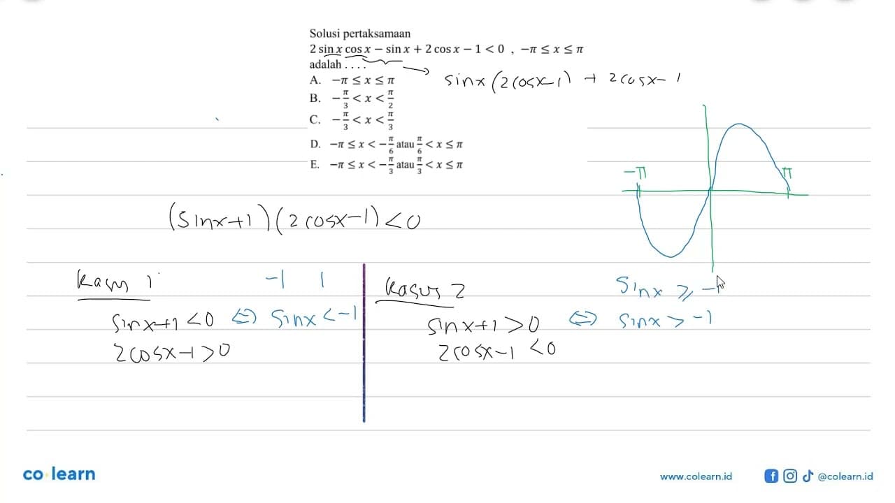 Solusi pertaksamaan2 sin x cos x-sin x+2 cos x-1<0,