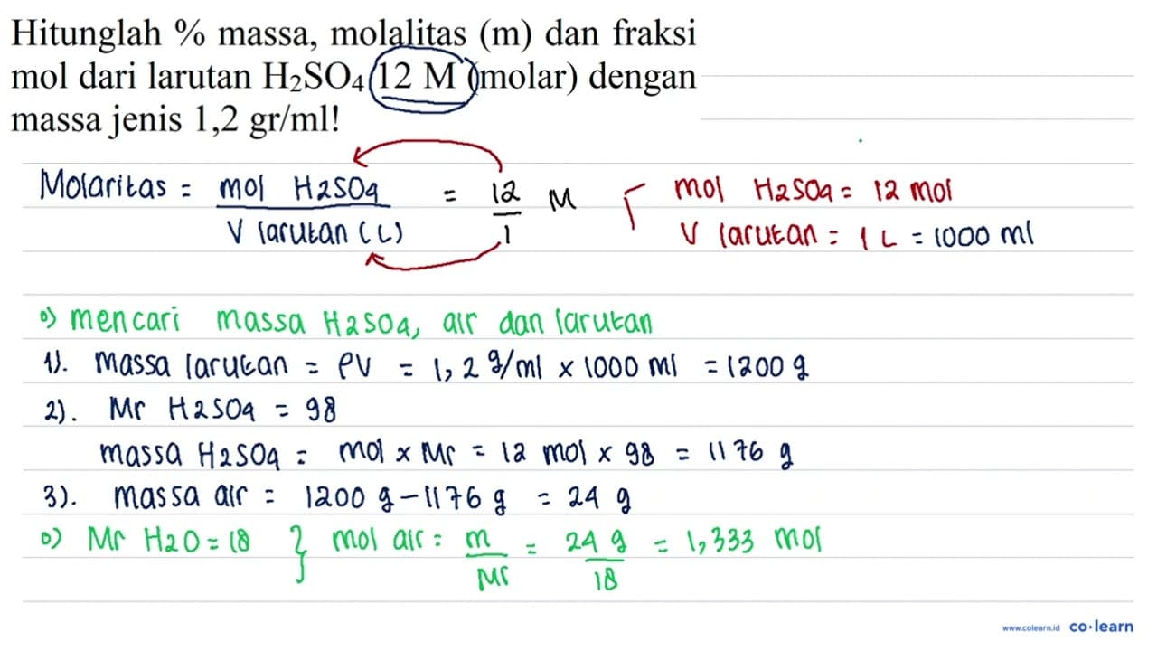 Hitunglah % massa, molalitas (m) dan fraksi mol dari