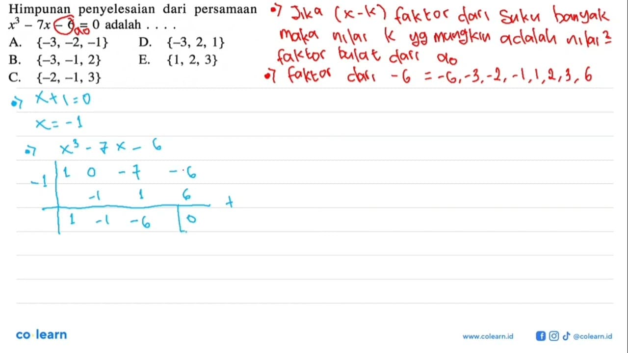 Himpunan penyelesaian dari persaman x^3-7x- 6=0 adalah ...