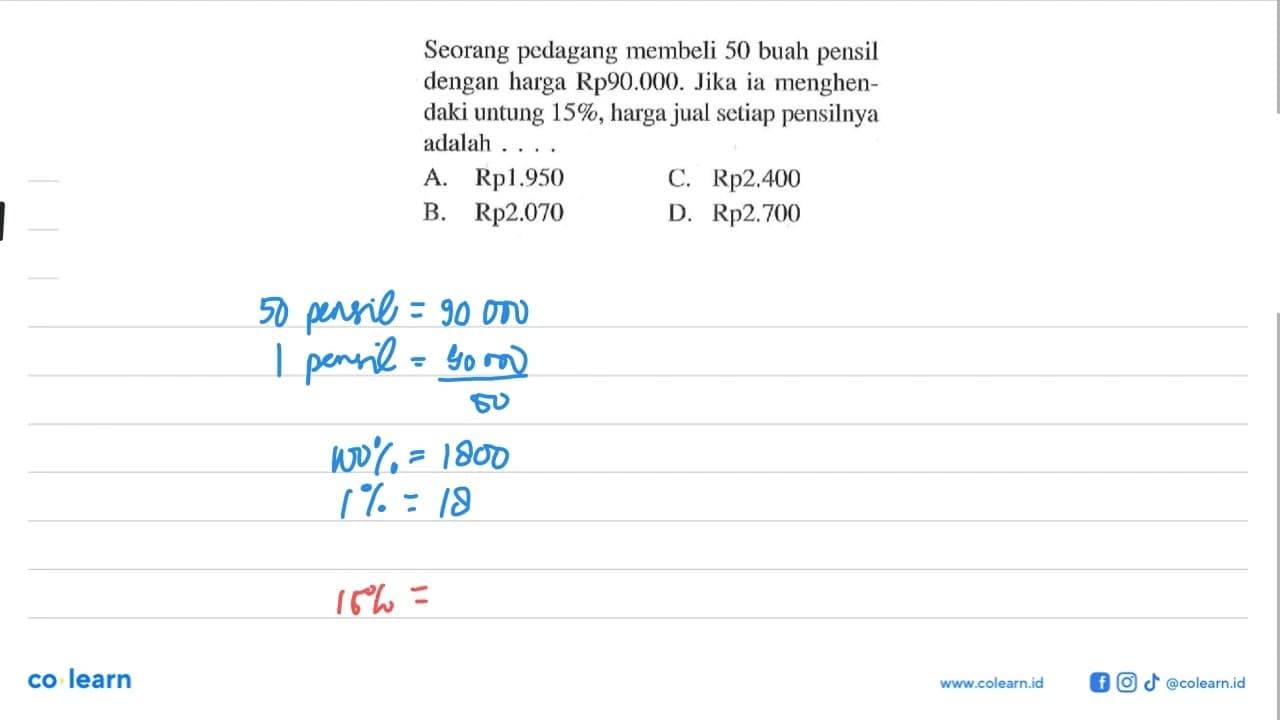 Seorang pedagang membeli 50 buah pensil dengan harga