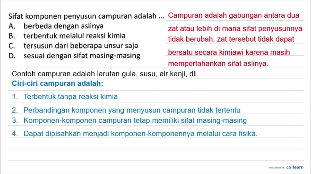 Sifat komponen penyusun campuran adalah ...