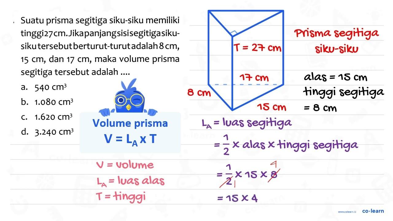 Suatu prisma segitiga siku-siku memiliki tinggi27 cm.