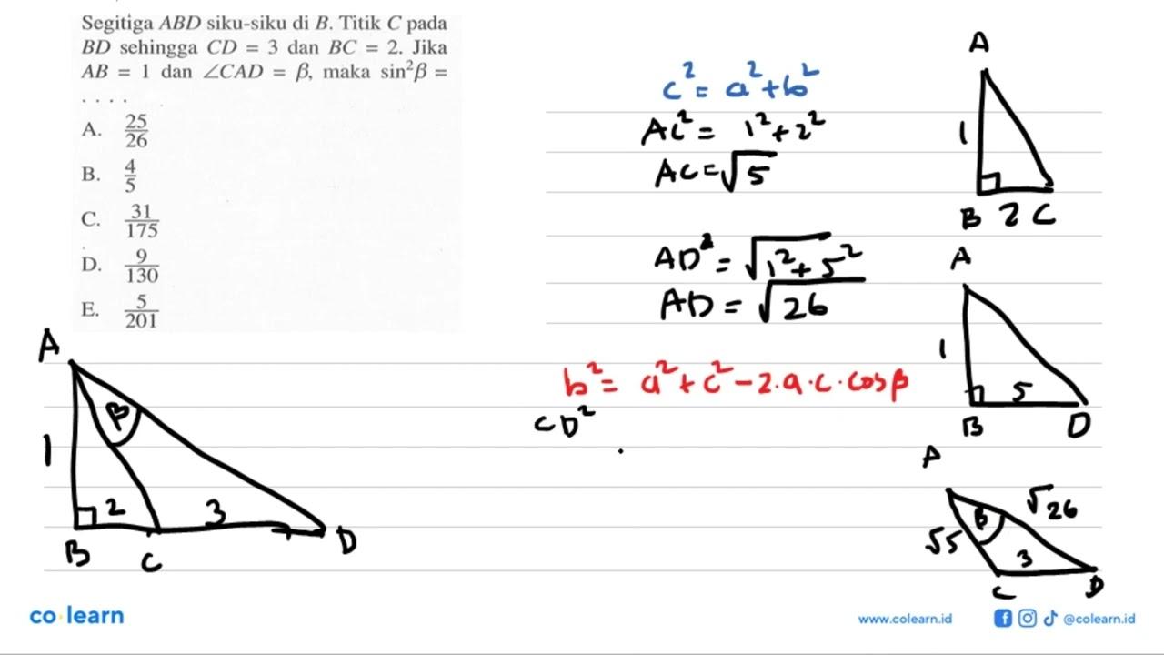 Segitiga ABD siku-siku di B. Titik C pada BD sehingga CD=3