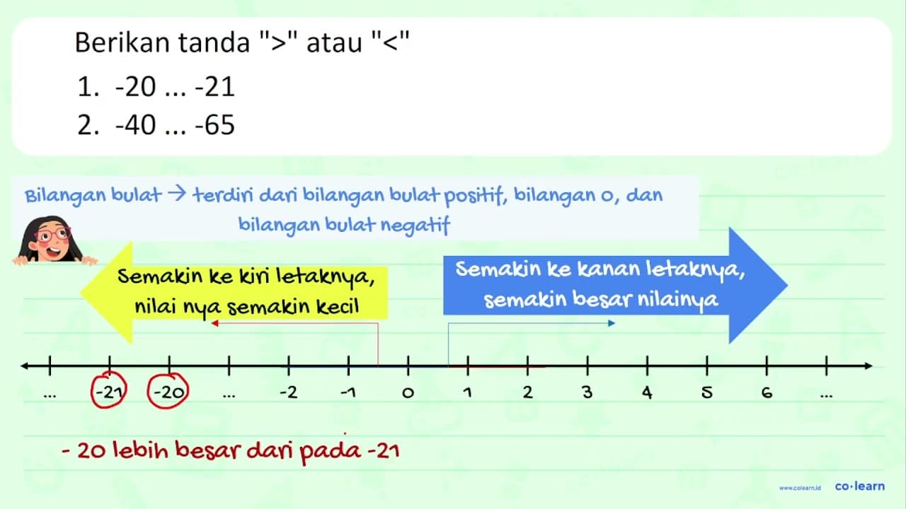 Berikan tanda ">" atau "<" 1. -20 ...-21 2. -40 ...-65