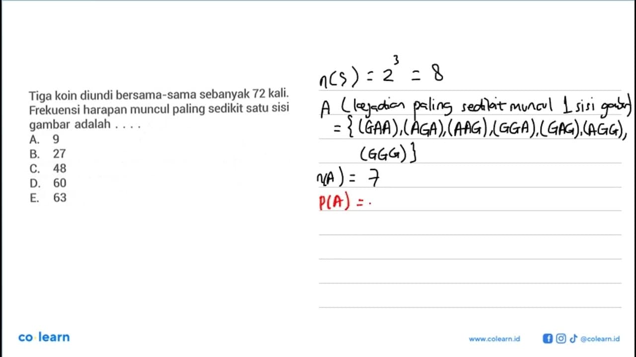 Tiga koin diundi bersama-sama sebanyak 72 kali. Frekuensi