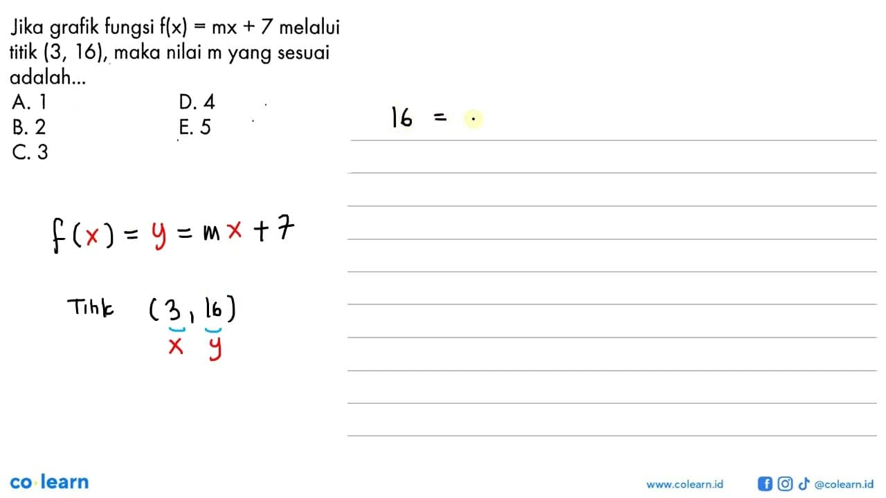 Jika grafik fungsi f(x)=mx+7 melalui titik (3,16), maka