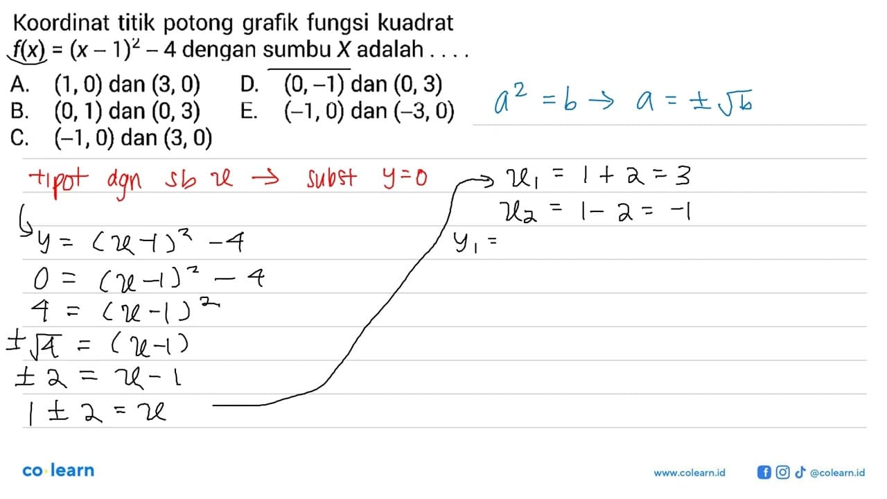 Koordinat titik potong grafik fungsi kuadrat f(x)=(x-1)^2-4