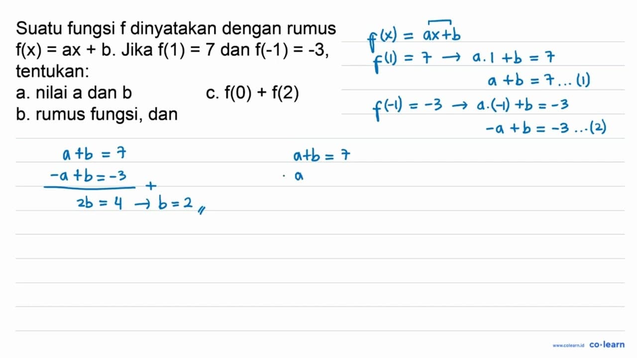 Suatu fungsi f dinyatakan dengan rumus f(x)=a x+b . Jika