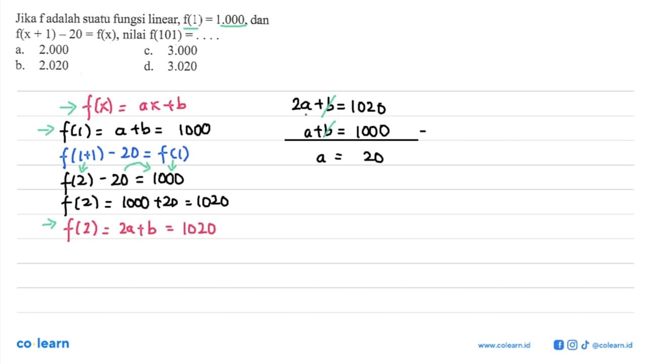 Jika f adalah suatu fungsi linear, f(1)=1.000 , dan