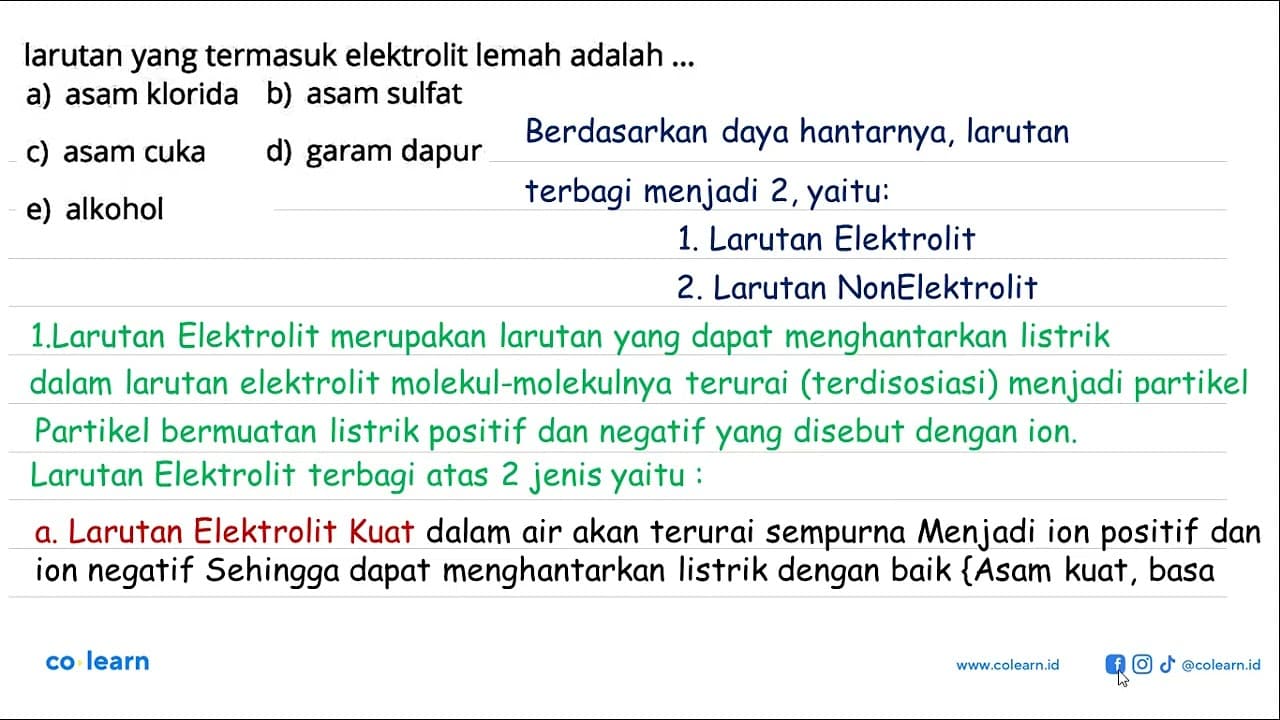 larutan yang termasuk elektrolit lemah adalah a) asam