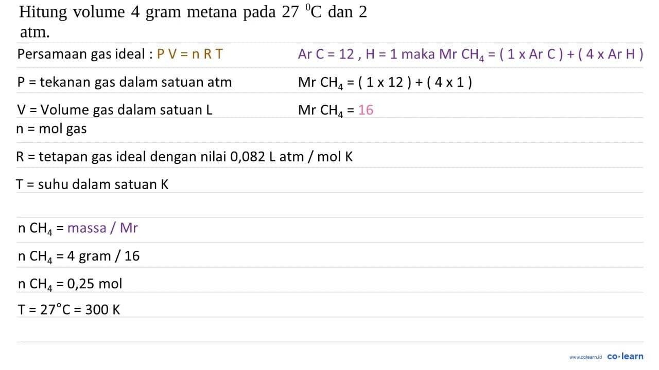 Hitung volume 4 gram metana pada 27{ ) C dan 2 atm.