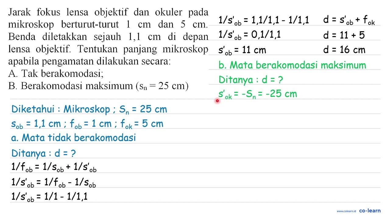 Jarak fokus lensa objektif dan okuler pada mikroskop