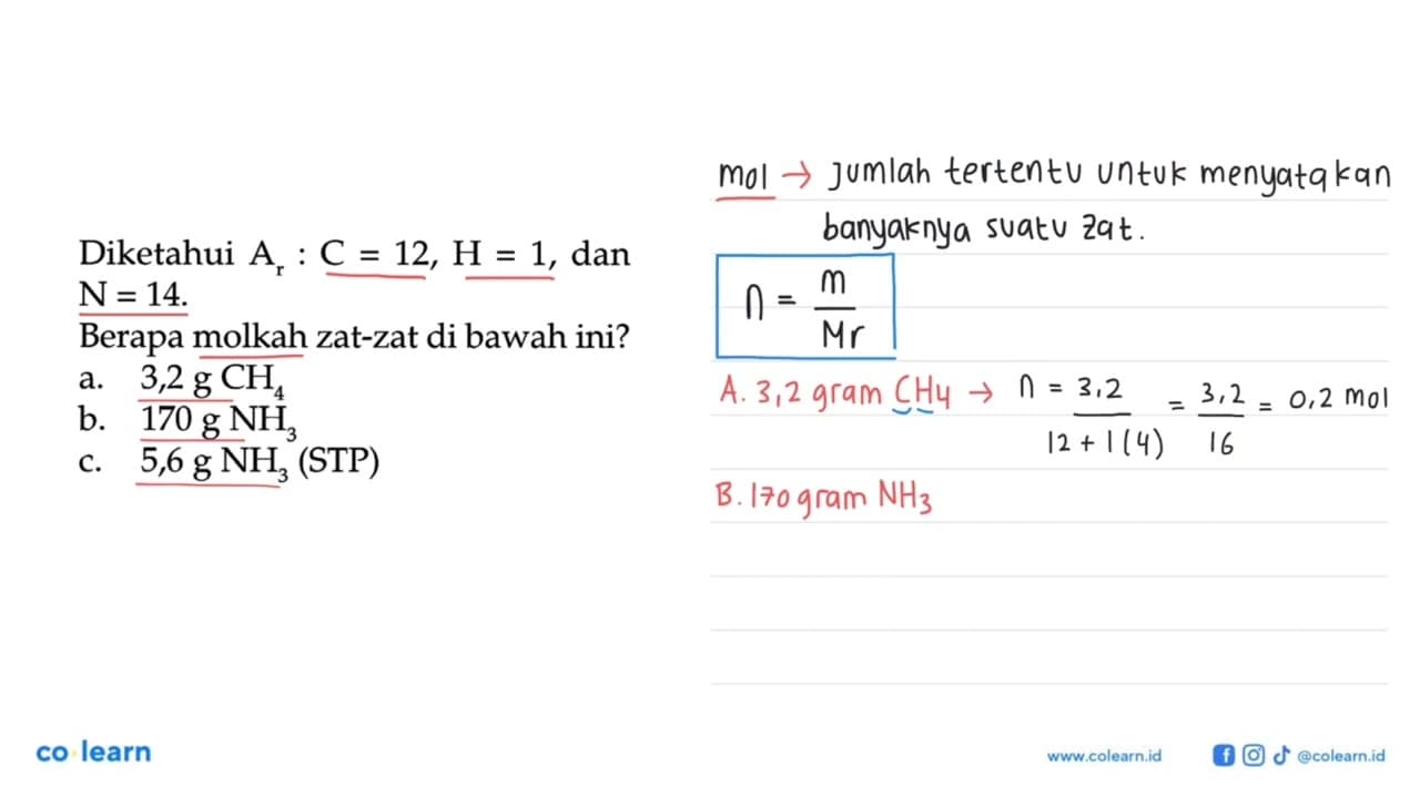 Diketahui Ar: C=12, H=1, dan N=14.Berapa molkah zat-zat di