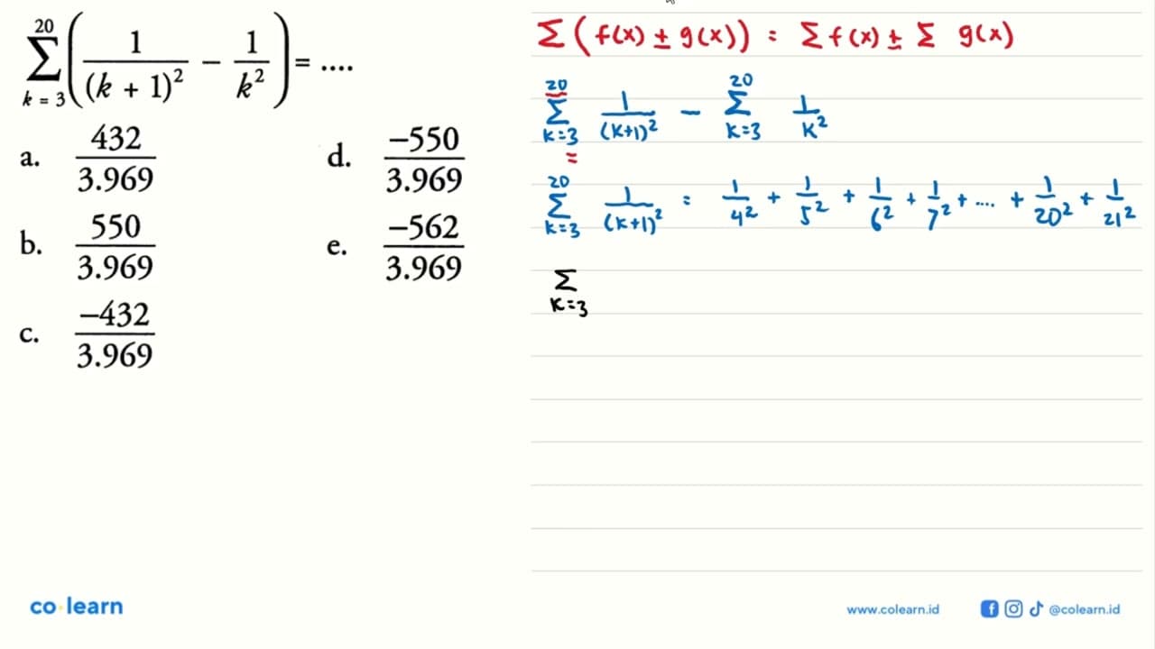 sigma k=3 20 (1/(k+1)^2-1/k^2)=....