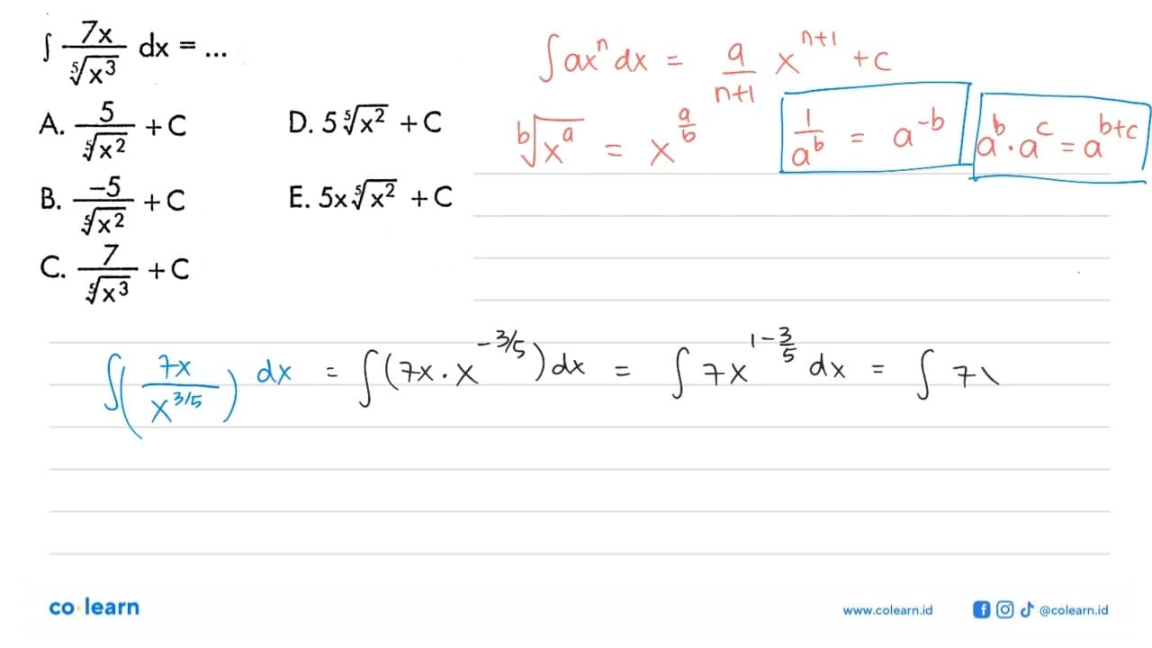 Integral 7x/akar(5x^3) dx=...