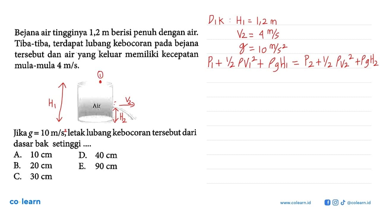 Bejana air tingginya 1,2 m berisi penuh dengan air.