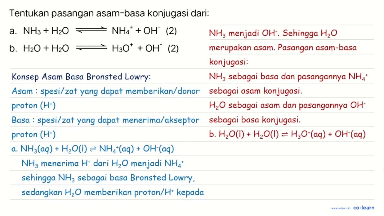 Tentukan pasangan asam-basa konjugasi dari: a. NH_(3)+H_(2)