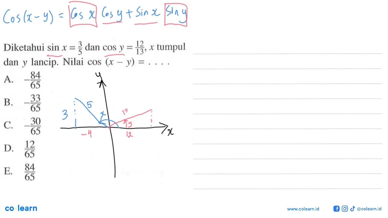 Diketahui sin x=3/5 dan cos y=12/13, x tumpul dan y lancip.