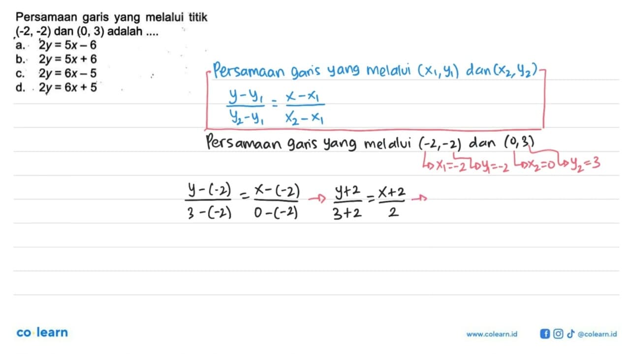 Persamaan garis yang melalui titik (-2, -2) dan (0, 3)