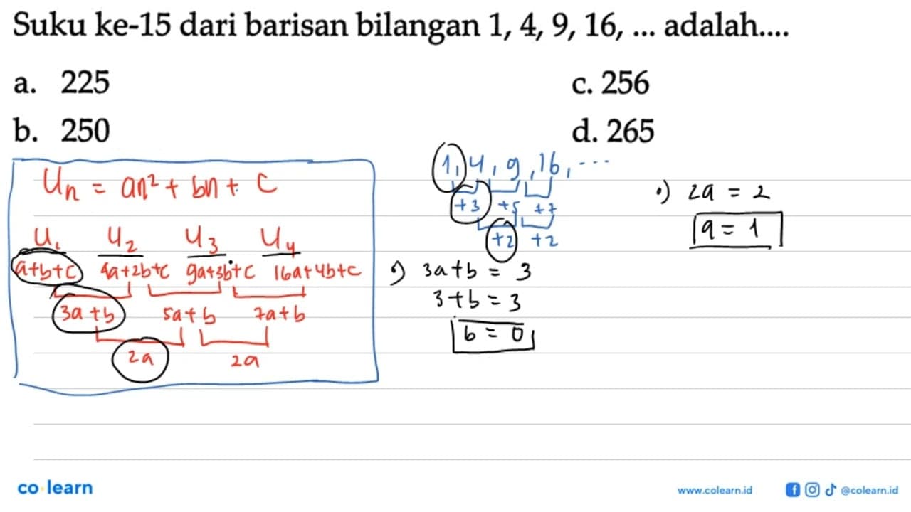 Suku ke-15 dari barisan bilangan 1, 4, 9, 16,... adalah...