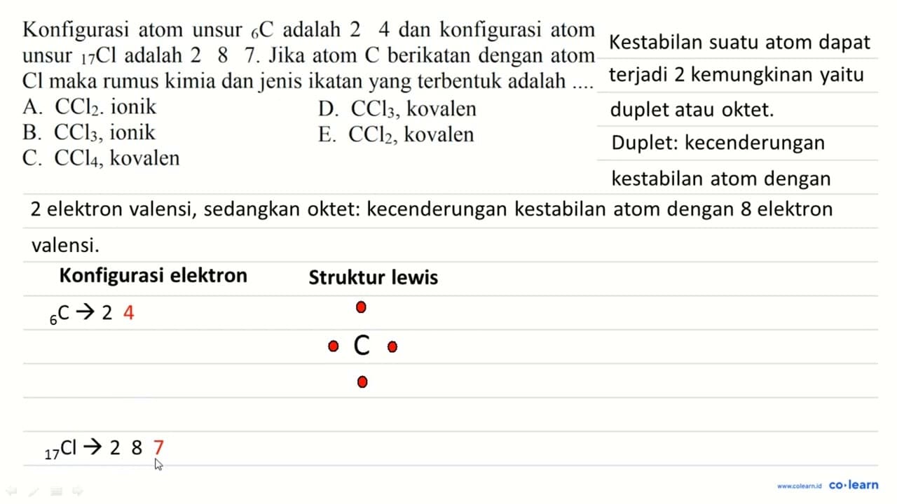 Konfigurasi atom unsur { )_(6) C adalah 24 dan konfigurasi