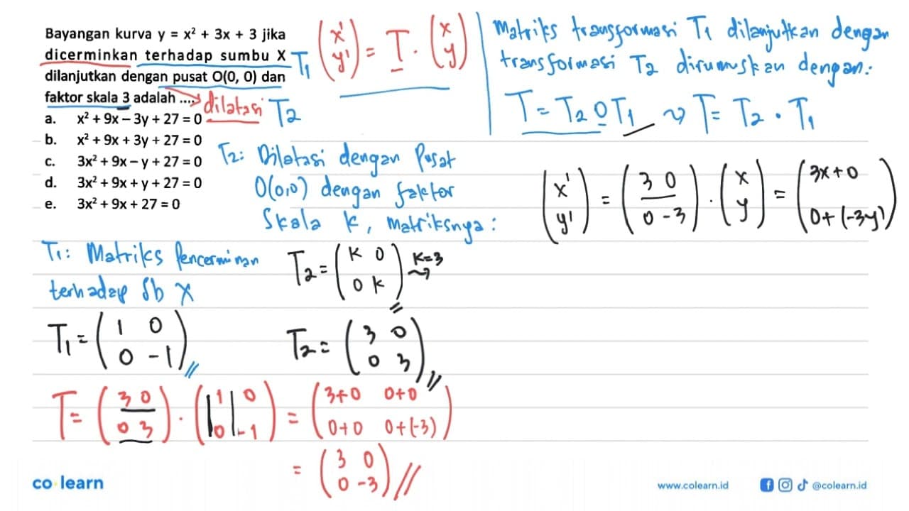 Bayangan kurva y=x^2+3x+3 jika dicerminkan terhadap sumbu X