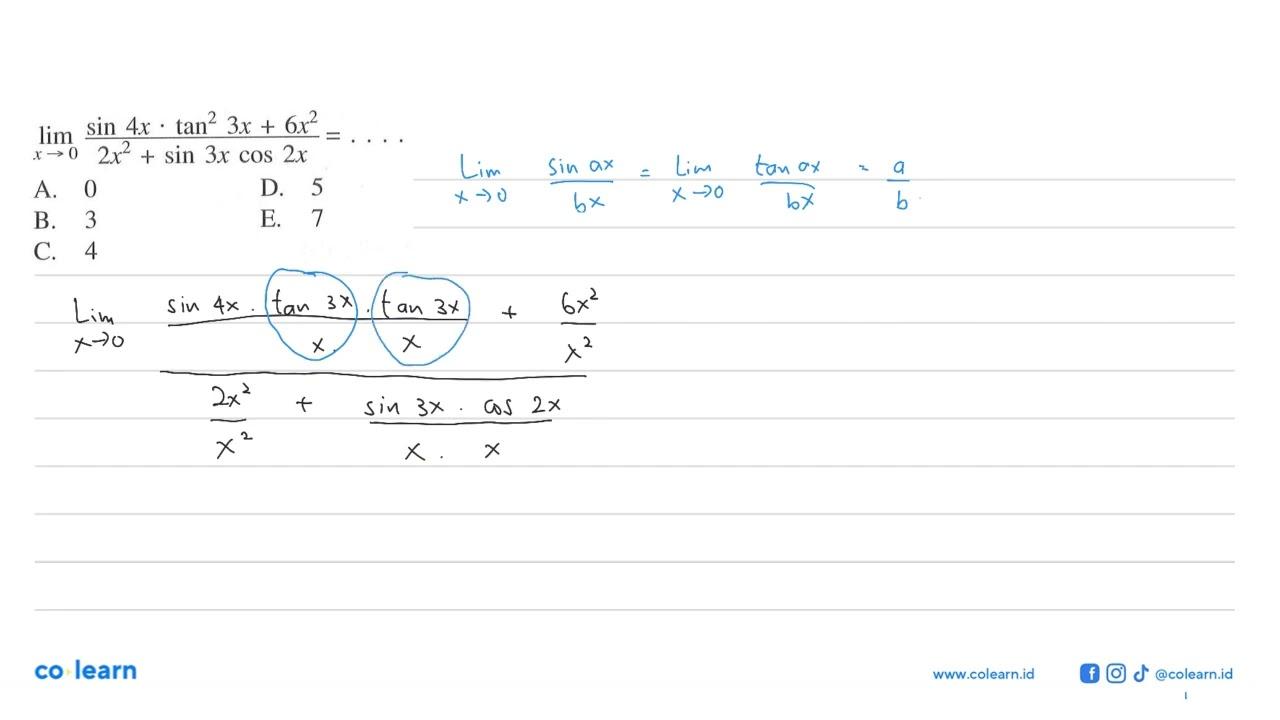 limit x->0 (sin (4x) . tan^2 (3x) + 6x^2)/(2x^2 + sin (3x)