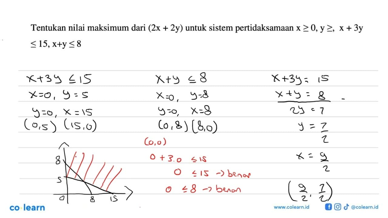 Tentukan nilai maksimum dari (2x+2y) untuk sistem