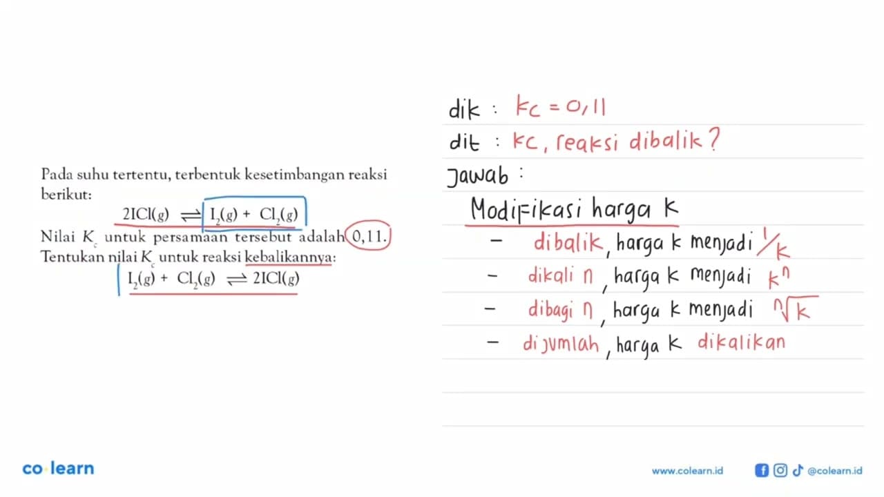 Pada suhu tertentu, terbentuk kesetimbangan reaksi berikut: