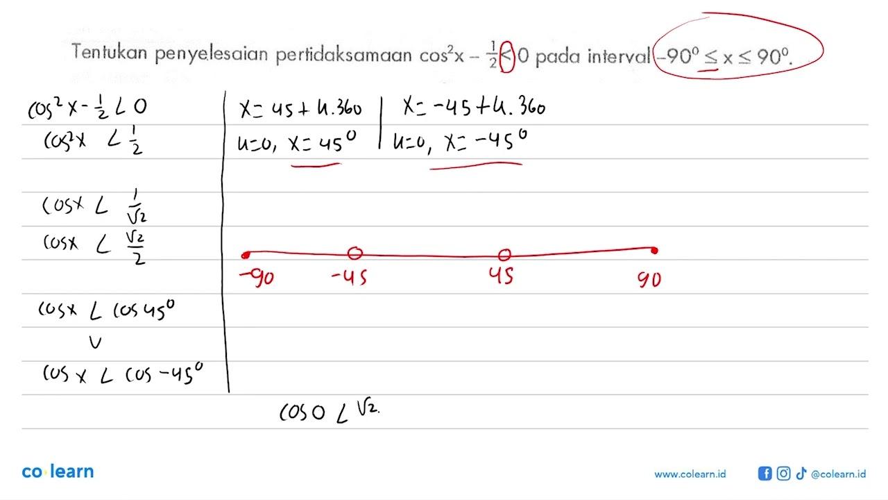 Fungsi y=cos x akan bernilai negative pada interval ...