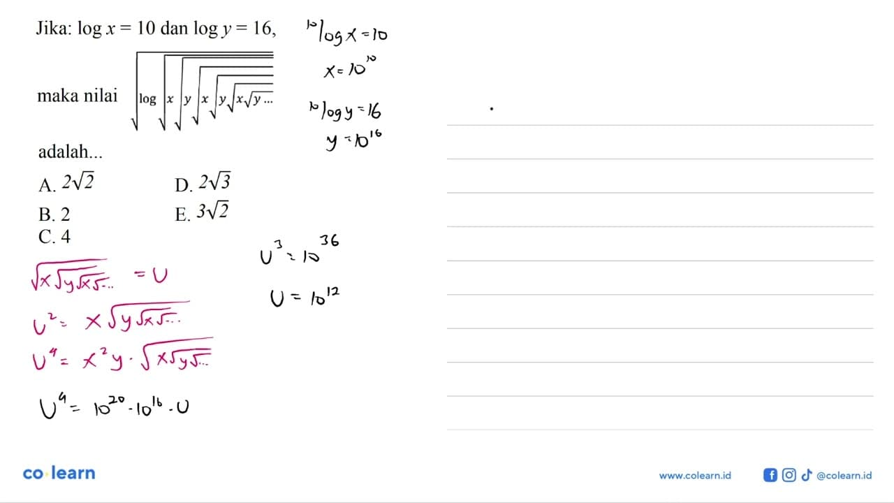 Jika: log x=10 dan log y=16 maka nilai akar(log akar(x