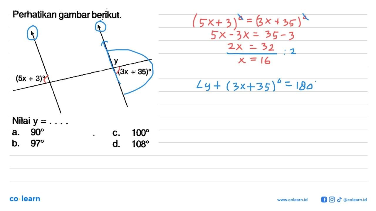 Perhatikan gambar berikut. (5x+3) y (3x+35) Nilai y=....