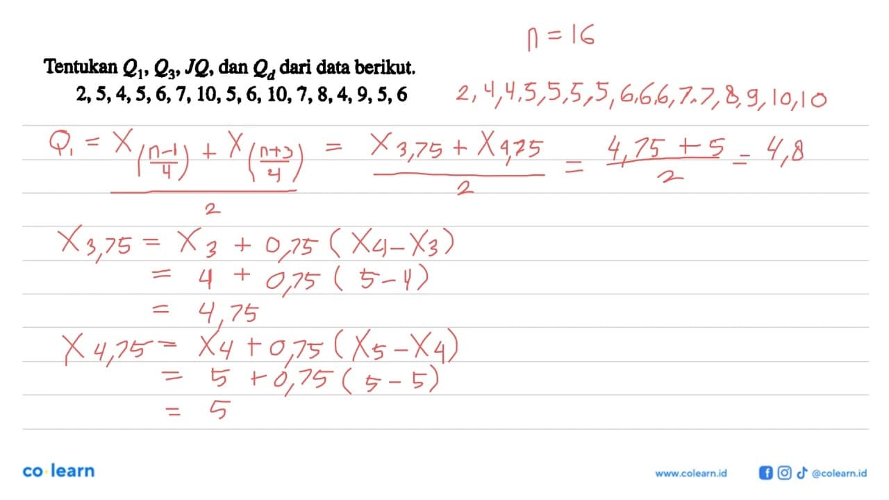 Tentukan Q1, Q3, JQ, dan Q4 dari data berikut.