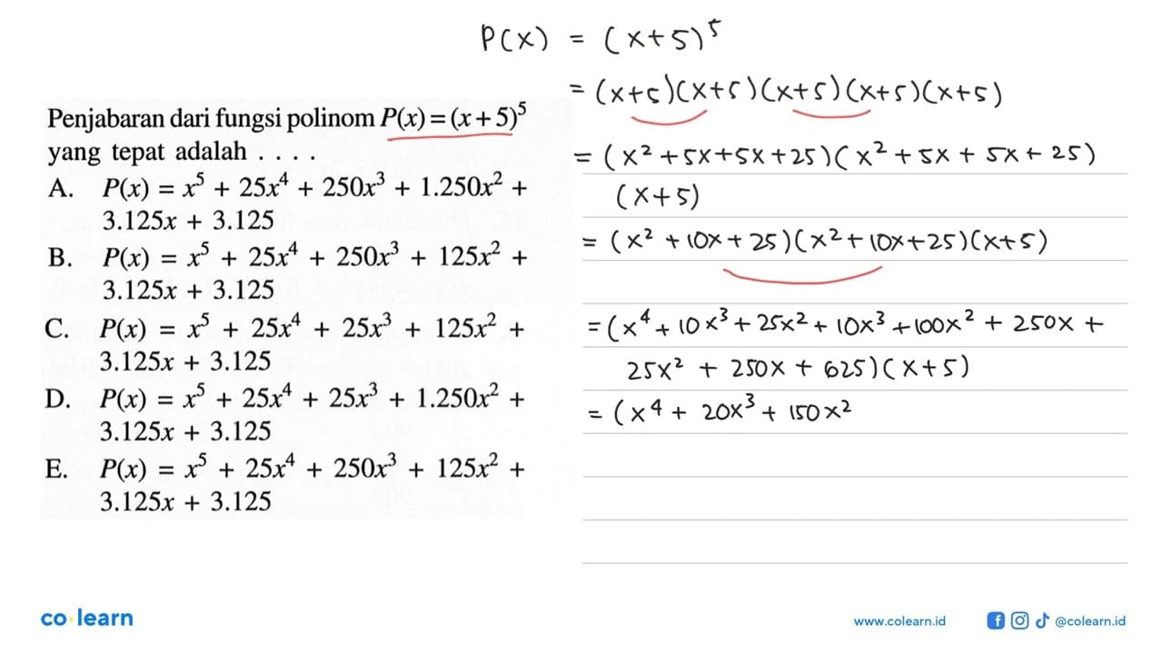 Penjabaran dari fungsi polinom P(x)=(x+5)^5 yang tepat